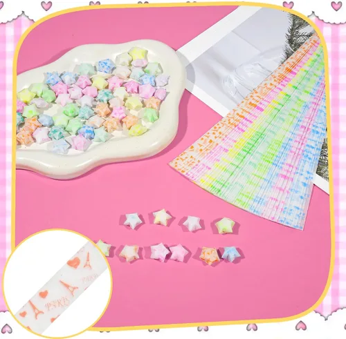 Miniatura 5 de Wowagoga 840 hojas de papel luminoso de origami en tiras con 4 patrones para doblar estrellas de papel estrellas de la suerte para manualidades DIY