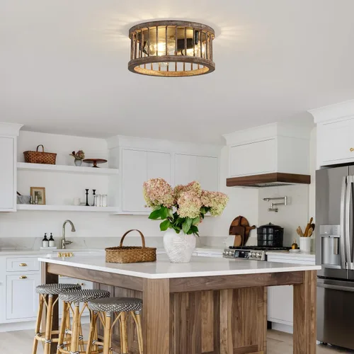 Miniatura 6 de Lámpara de techo de montaje empotrado estilo granja, 3 luces de metal y madera de 12.6 pulgadas, lámpara de techo para cocina, pasillo, comedor