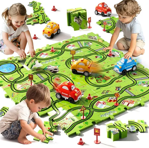 Beby Buty Juego de 64 piezas de pista de rompecabezas con coches para niños, juguetes para niños de 3, 4, 5 años, juguetes de rompecabezas para