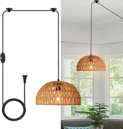 Miniatura 8 de HuisMier Lámpara Colgante de Ratán con Enchufe, Luz Colgante de 15 Pies con Pantalla de Cesta Tejida de Mimbre, Lámpara Colgante Bohemia Regulable