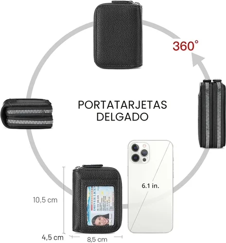 Miniatura 5 de RNIEGA Cartera pequeña de piel con bloqueo RFID para tarjetas de crédito, cartera pequeña para mujer, doble cremallera con ventana de identificación