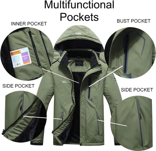 Miniatura 6 de Pooluly - Chaqueta impermeable de invierno, esquí, snowboard, para hombre, con capucha, rompevientos.