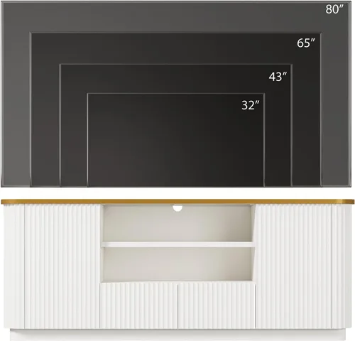 Miniatura 9 de QUW Soporte de TV acanalado de 70 pulgadas para televisores de hasta 80 pulgadas, moderno centro de entretenimiento con 2 cajones y gabinetes, Blanco