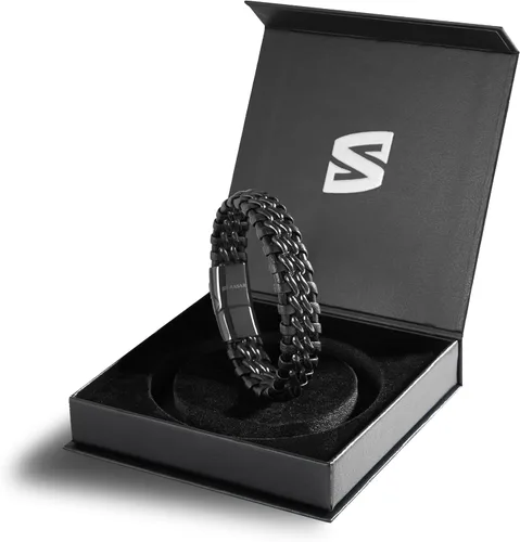 Miniatura 2 de SERASAR Pulsera de cuero genuino de primera calidad [acero] para hombre en negro Cierre magnético de acero inoxidable en negro, plata y oro