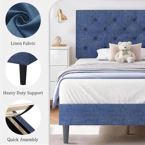 Miniatura 4 de HOMBCK Marco de Cama Queen con Cabecera Capitoné con Botones, Marco de Cama de Plataforma Tapizada Azul, Tela Suave/Soporte de Listones de Madera/No