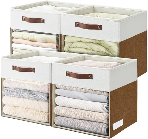 Miniatura 21 de Bagnizer Cubos de Almacenamiento, Paquete de 4 Contenedores de Almacenamiento Plegables de Lino (13 x 13 pulgadas) con Ventana Transparente y Asas