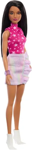 Muñeca Barbie Fashionistas #215 con pelo liso negro, top estampado de estrellas rosas y falda iridiscente, juguete coleccionable del 65 aniversario