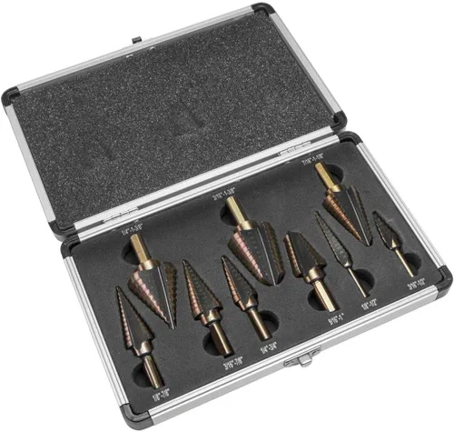 XtremepowerUS Juego de brocas escalonadas de titanio HSS de 9 piezas, tamaño SAE con estuche de almacenamiento