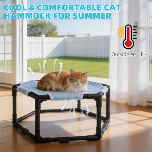 Miniatura 2 de Cama hamaca elevada para gatos, cuna hexagonal elevada para gatos con tela transpirable de gorro de hielo y bloque antideslizante, alfombrilla