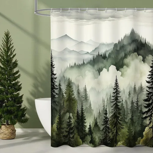 Miniatura 15 de Litabel - Cortina de ducha negra pequeña de 36 x 72 pulgadas, diseño de bosque de pino neblinoso, cortinas de ducha estrechas de medio
