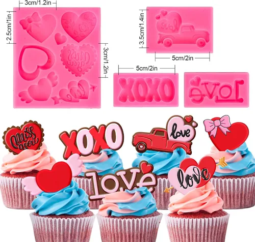 Miniatura 2 de Whaline 4 moldes de fondant para el día de San Valentín, patrón de camión de rosas con forma de corazón, rosa, molde de silicona 3D, molde de resina