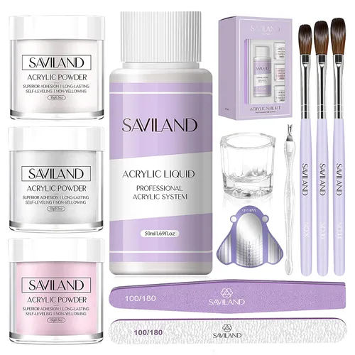 Miniatura 33 de Saviland Kit de iniciación de uñas acrílicas: polvo y líquido acrílico rosa claro nude, cepillo, limas, formularios, uñas a presión, juego