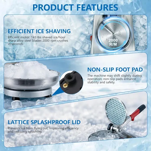 Miniatura 4 de ZENY Trituradoras de hielo eléctricas 300W 2000r/min con hoja de acero inoxidable Máquina de cocina para hacer cono de nieve de hielo afeitado