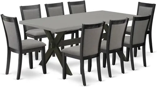 East West Furniture X697MZ650-9 - Juego de comedor de 9 piezas, incluye una mesa de comedor rectangular con patas en X y 8 sillas tapizadas de tela