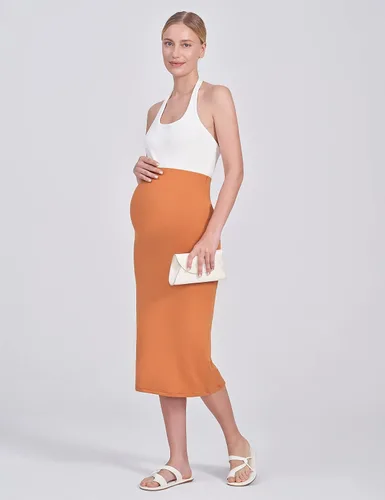 Miniatura 5 de POSHDIVAH Falda de maternidad para mujer, sobre el vientre, de cintura alta, color liso, elástica, falda tubo para embarazo