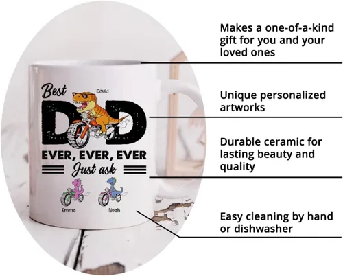 Miniatura 6 de Gossby Taza de café personalizada con texto en inglés "Best Dad Ever" (2 niños) – Taza de papá para papá, esposo – Taza personalizada de 11 onzas