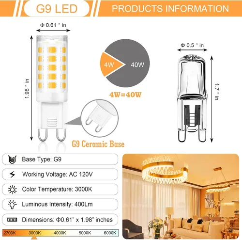 Miniatura 3 de winshine Bombilla LED G9 de 3000 K, luz blanca cálida, bombilla G9 de 4 W (equivalente a halógeno de 40 W), base de cerámica G9 bi pin con ángulo