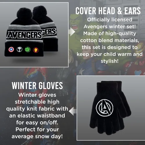 Miniatura 2 de Marvel Avengers - Juego de sombreros de invierno y guantes de nieve para niños y niños pequeños con lindos guantes y gorro suave pompones esponjosos