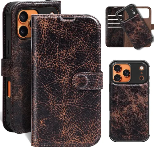 Miniatura 45 de Funda de cuero compatible con iPhone 16 Pro Max Cartera 6.9", cuero genuino 2 en 1, magnética, desmontable, a prueba de golpes, funda tipo folio