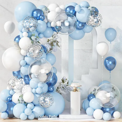 Ouddy Party Juego de 149 guirnaldas de arco de globos azules y blancos de diferentes tamaños de 18, 12, 10 y 5 pulgadas, 6 globos plateados de Azul