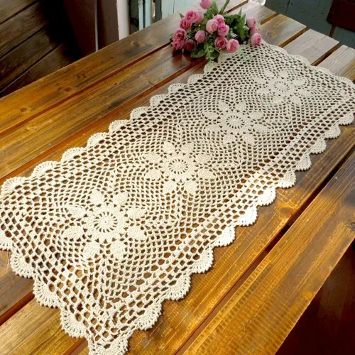 Miniatura 2 de KEPSWET Camino de mesa rectangular de encaje de ganchillo hecho a mano con girasol de algodón para decoración de mesa auxiliar