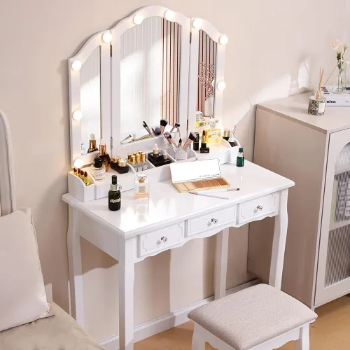 Miniatura 5 de Escritorio de tocador con espejo y luces, juego de tocador blanco para niñas con espejo y taburete acolchado, mesa de tocador de maquillaje