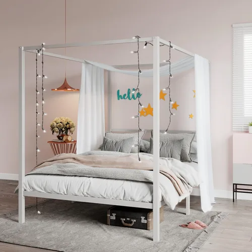 SHA CERLIN Marco de Cama con Dosel de Metal Tamaño Queen/Base de Colchón con Soporte de Listones de Metal/No Necesita Somier/Fácil Montaje/Blanco