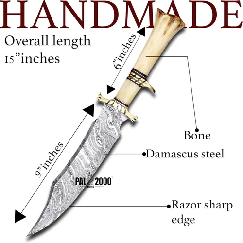 Miniatura 2 de PAL 2000 KNIVES Acero de Damasco hecho a mano 15 pulgadas caza Bowie cuchillo 9871
