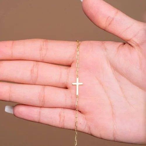 Miniatura 4 de Pulsera de cadena de clip con cruz lateral de oro amarillo de 14 quilates con cierre de langosta