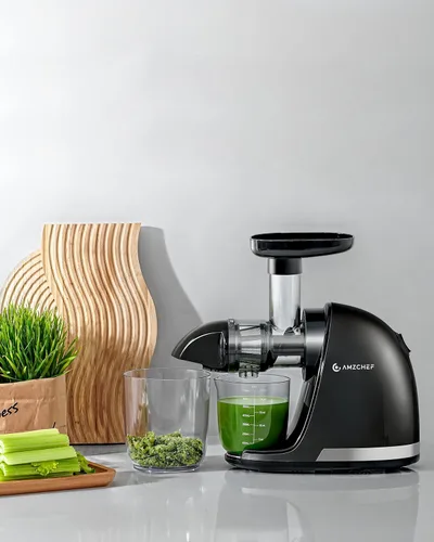 Miniatura 9 de Máquinas exprimidoras - AMZCHEF Exprimidor de jugo de prensa en frío con masticación para frutas y verduras enteras - Masticación delicada sin Ébano