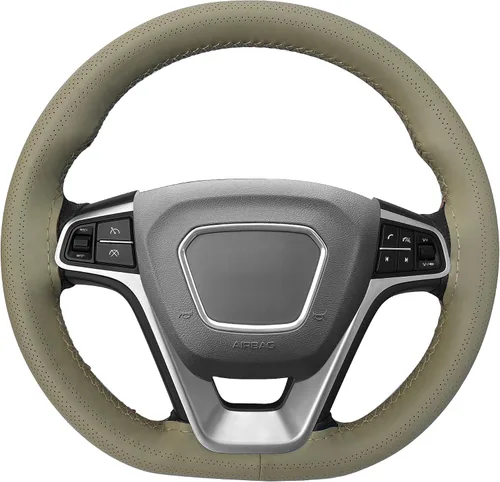 Miniatura 2 de Carodi Funda de volante de piel, diseño transpirable y antideslizante, sensación suave y cómoda, universal, 15 pulgadas, para auto, con costura Beige