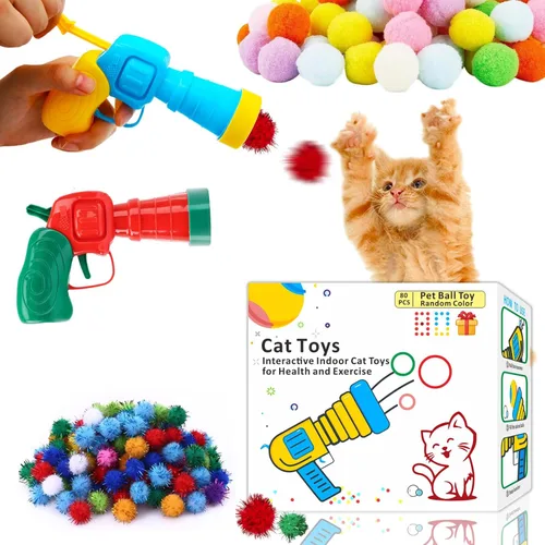 80 pistolas lanzadoras de bolas para gatos, pistola de disparo de pompón de felpa, juguetes de búsqueda de bolas de gato, divertidos juguetes