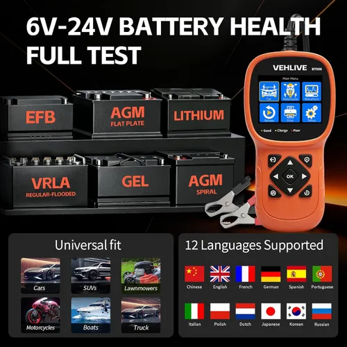 Miniatura 8 de BT906 - Probador de batería de automóvil de 6 V, 12 V, 24 V, con prueba de batería de litio, prueba de circuito automotriz 5-3000CCA, probador