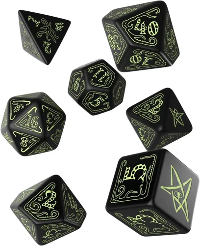 Q-Workshop Call of Cthulhu - Juego de dados ornamentados de RPG negros y que brillan en la oscuridad, 7 piezas poliédricas negras y que brillan en