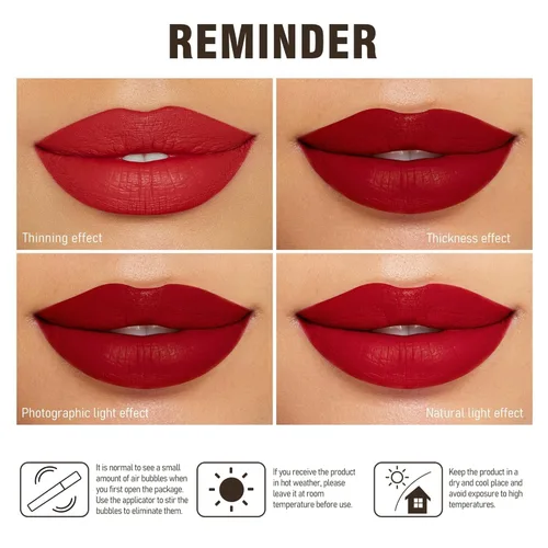 Miniatura 8 de MAKI YIKA Lápiz labial rojo burdeos para mujer, pintalabios de larga duración, sin manchas, mate, líquido, a prueba de transferencia, sin crueldad