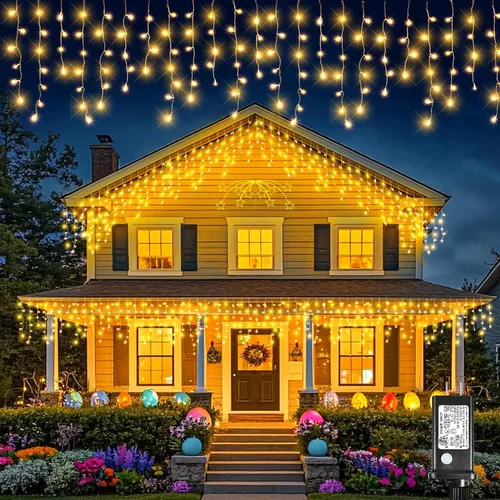 Miniatura 10 de Luces de carámbano para exteriores, 16.5 pies, 200 luces LED de Navidad para exteriores, impermeables, 8 modos de enchufe, cortina de luz conectable