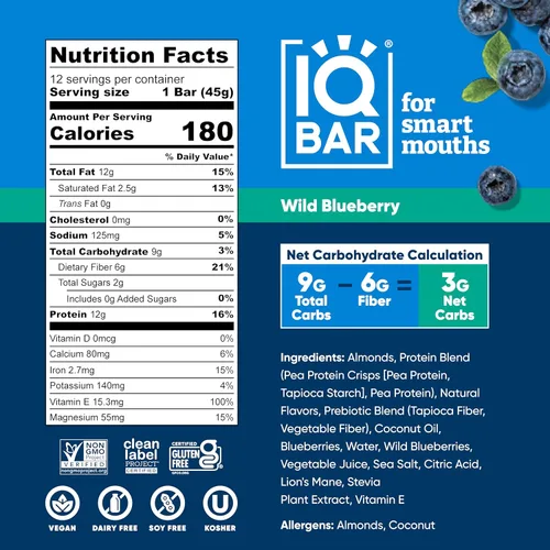 Miniatura 2 de IQBAR - Barras de proteínas para el cerebro y el cuerpo a base de plantas - Arándanos silvestres - 36 unidades - Keto, veganas, bajas