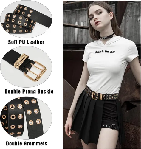 Miniatura 3 de FIORETTO Cinturón de cuero con ojales y cadena desmontable para mujeres y hombres, cinturones de cintura punk rock para pantalones vaqueros