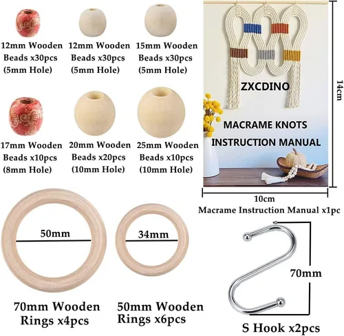 Miniatura 3 de Kit de macramé de 152 piezas para principiantes: cordón de macramé de algodón natural, anillos de madera y metal, cuentas, palos y aros, perfecto