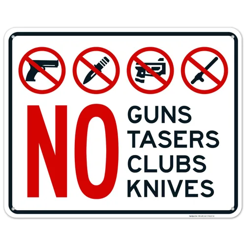 Cartel No Guns No Tasers No Clubs No Knives 24x30 pulgadas, HDPS de 55 mil de grosor (poliestireno de alta densidad), fabricado en Estados Unidos