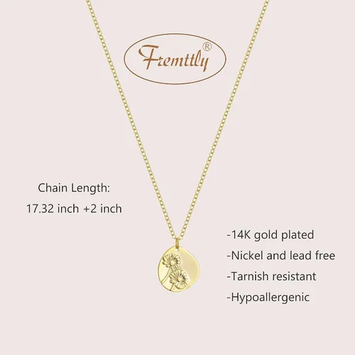 Miniatura 5 de Fremttly - Collar con dije de moneda ovalada con flor de 12 meses de nacimiento, collar de oro real de 14 quilates, delicada, regalo personalizado