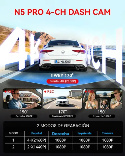 Miniatura 3 de Cámara de tablero N5 PRO 4K de 4 canales, vista panorámica de 360°, trasera e interior de 1080P, WiFi 5G 6 - hasta 10MB/s, GPS integrado, visión