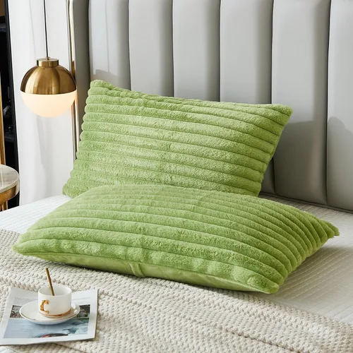 Juego de 2 fundas de almohada para cama tamaño king, fundas de cojín rectangulares lumbares con diseño de rayas, forro de piel de conejo sintética y