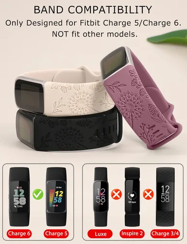 Miniatura 3 de Minyee Paquete de 3 bandas grabadas florales compatibles con Fitbit Charge 6 bandas/Fitbit Charge 5 bandas para mujer, lindo diseño de flores