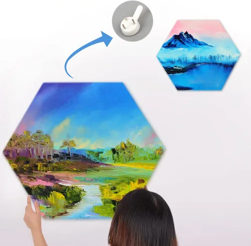 Miniatura 5 de yazi Tableros de lienzo hexagonales para pintar, 5 paquetes de tablas estiradas de 12 pulgadas, pintura acrílica, tableros de decoración tallados