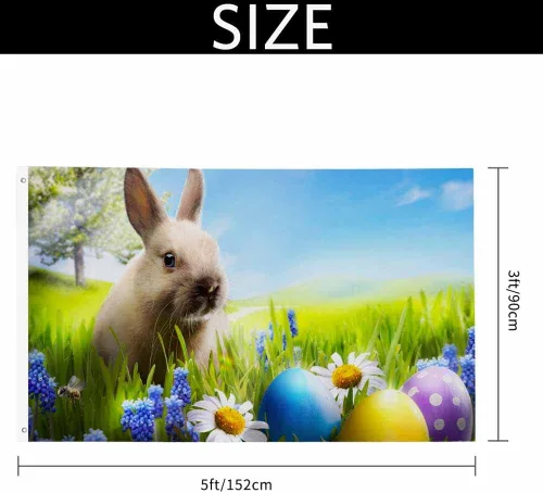 Miniatura 2 de Yekiua Bandera de conejo de Pascua, huevos de 3 x 5 en hierba verde con margaritas, flores resistentes a la decoloración UV, color vivo, cabecera
