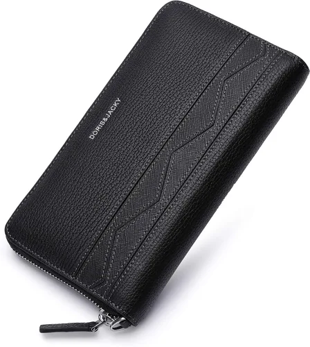 DORISJACKY Cartera de cuero para hombre color negro larga y grande con cremallera alrededor del bolso de mano soporte para teléfono carteras de