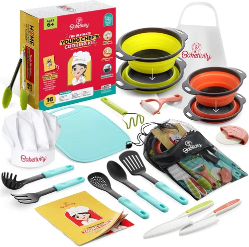 Baketivity Juego de cocina para niños, utensilios reales con guía de herramientas de cocina, juego completo de cocina junior regalo para niñas o