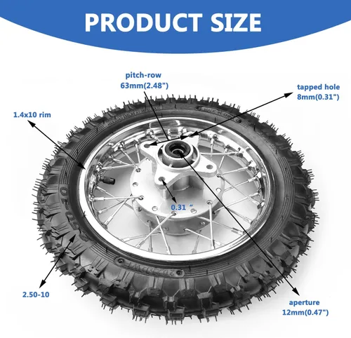 Miniatura 4 de 2.5-10 10" Neumático y rin de rueda trasera de 1.4 x 10 y freno de tambor con rodamiento de 12 mm para BBR50 DRZ70 TTR50 DRZ50 CRF50 PW50 TTR50
