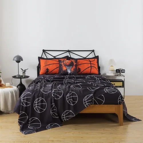 Miniatura 4 de Juego de edredón de 6 piezas con diseño de baloncesto, ropa de cama negra tamaño individual para niños, adolescentes y adultos, con pelotas